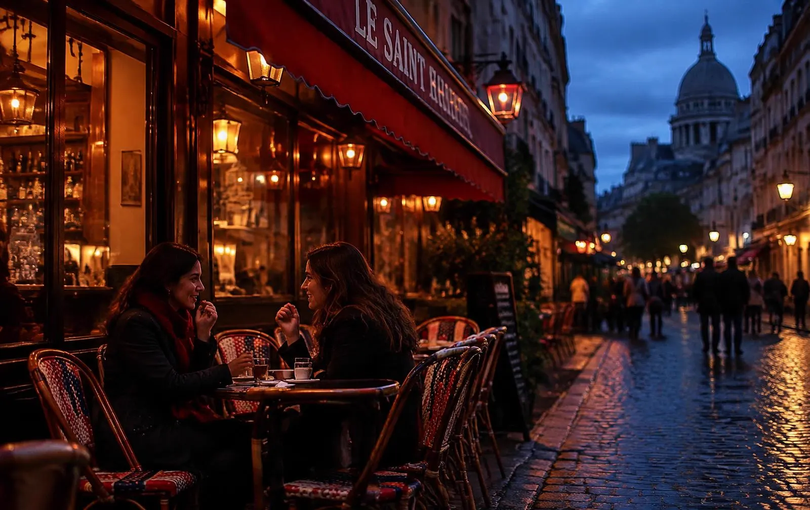 Friends chatting at a Parisian café